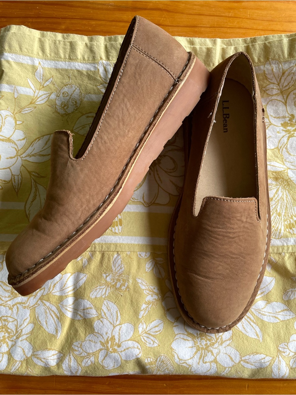 L.L. Bean Neutral Camel Leather Slip On Treaded Bottom Shoes